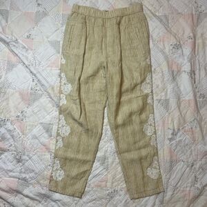 anthropologie yellow linen striped floral embroidered straight leg tapered pants